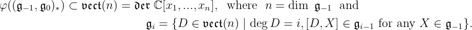 φ((𝔤−1,𝔤0)∗) ⊂ 𝔳𝔢𝔠𝔱(n) = 𝔡𝔢𝔯 ℂ [x1,...,xn ],  where  n = dim  𝔤−1  and

                 𝔤i = {D ∈ 𝔳𝔢𝔠𝔱(n) | deg D = i,[D, X ] ∈ 𝔤i−1 for any X ∈ 𝔤 −1}.
