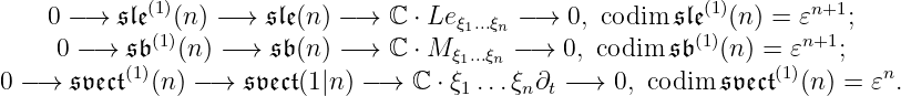 (1) (1)
0− → 𝔰𝔩𝔢 (n ) −→ 𝔰𝔩𝔢(n) −→ ℂ ⋅ Le ξ1...ξn − → 0, codim 𝔰𝔩𝔢 (n ) = 𝜀n+1;
0−→ 𝔰𝔟 (1)(n) − → 𝔰𝔟(n) −→ ℂ ⋅ M ξ1...ξn −→ 0, codim 𝔰𝔟(1)(n ) = 𝜀n+1;
0−→𝔰𝔳𝔢𝔠𝔱(1)(n ) − → 𝔰𝔳 𝔢𝔠𝔱(1|n) −→ ℂ ⋅ ξ ...ξ ∂ − → 0, codim 𝔰𝔳𝔢𝔠𝔱(1)(n ) = 𝜀n.
1 n t