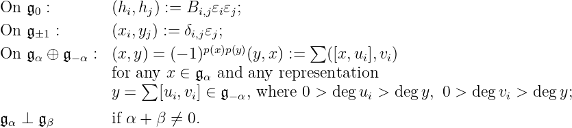 On𝔤0:        (hi,hj) := Bi,j𝜀i𝜀j;
On𝔤±1:       (xi,yj) := δi,j𝜀j;
On𝔤⊕ 𝔤   :  (x,y) = (− 1)p(x)p(y)(y,x) :=  ∑ ([x,u ],v )
α  − α                                      i  i
         for an∑y x ∈ 𝔤α and any representation
         y =    [ui,vi] ∈ 𝔤− α, where 0 > deg ui > deg y, 0 > deg vi > deg y;
𝔤⊥𝔤        if α + β ⁄= 0.
αβ
