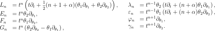 ( )
n 1 n−1
Ln=t t∂t + 2(n + 1 + α)(𝜃1∂𝜃1 + 𝜃2∂𝜃2) , λn = tn−1𝜃2(t∂t + (n + α)𝜃1∂𝜃1),
En=tn𝜃2∂𝜃1, 𝜀n = t 𝜃1(t∂t + (n + α)𝜃2∂𝜃2),
Fn=tn𝜃1∂𝜃2, φn = tn+1∂𝜃1,
Gn=tn (𝜃2∂ 𝜃 − 𝜃1∂𝜃 ), γn = tn+1∂𝜃2.
2 1